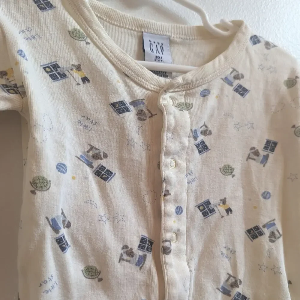 Vtg Y2K Baby Gap Pajamas Kids Sz 2T Yellow Teddy Bear One Piece